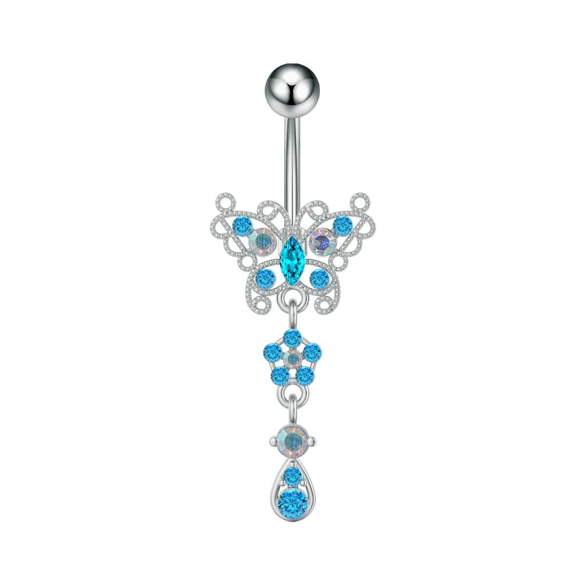 Crown Heart Dangled Belly Button Rings with Butterfly Drop