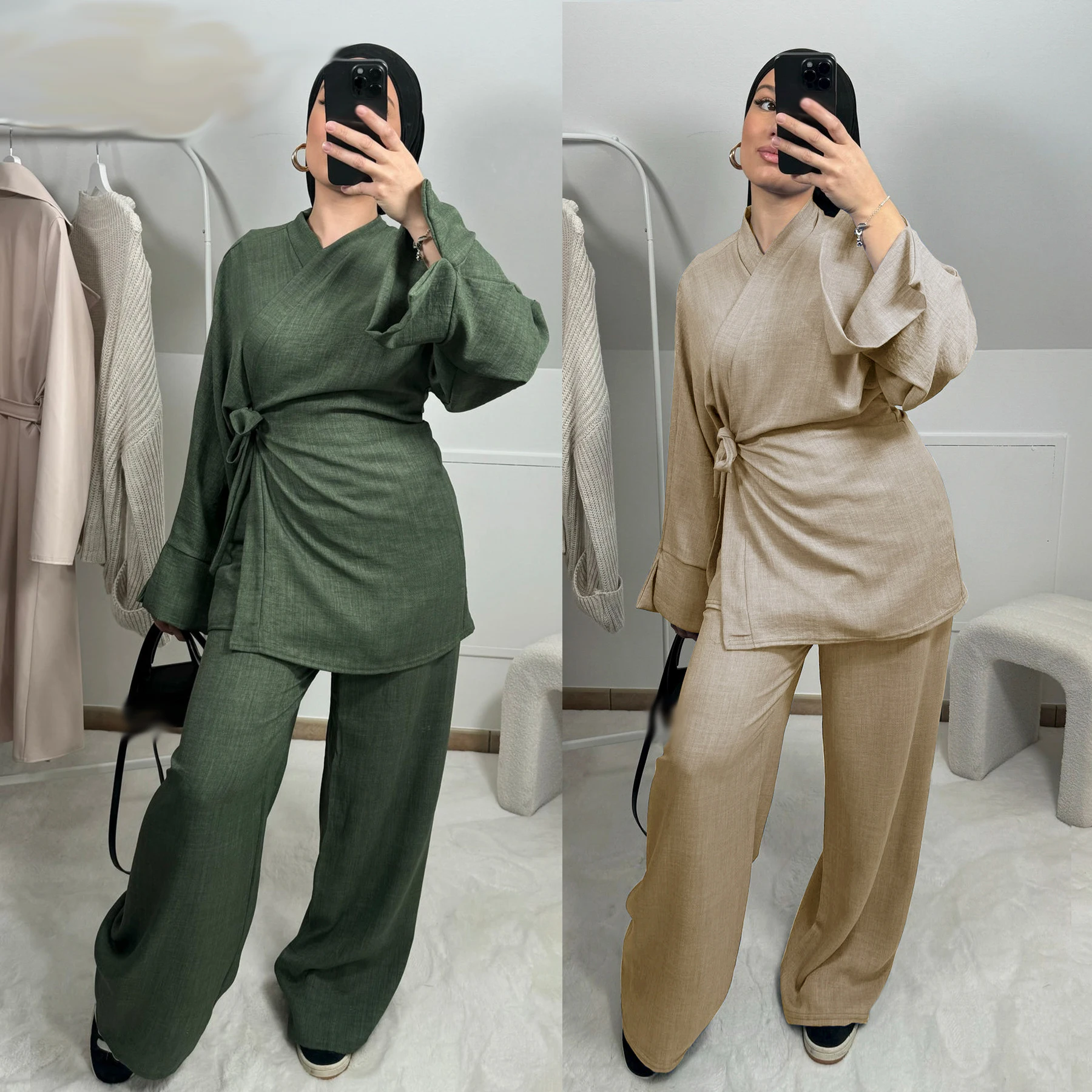 Muslim Women Long Sleeve Shirt Pants Set Lace up Tops Trousers Suit Abaya Islamic Clothing Dubai Kaftan Arabic Outfits Costumes