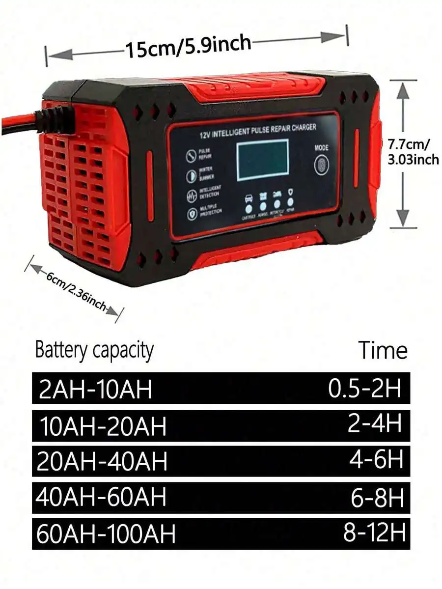 12V Intelligent Pulse Repair Battery Charger For Car Motorcycle AGM Gel Lead-Acid Battery LCD Display
