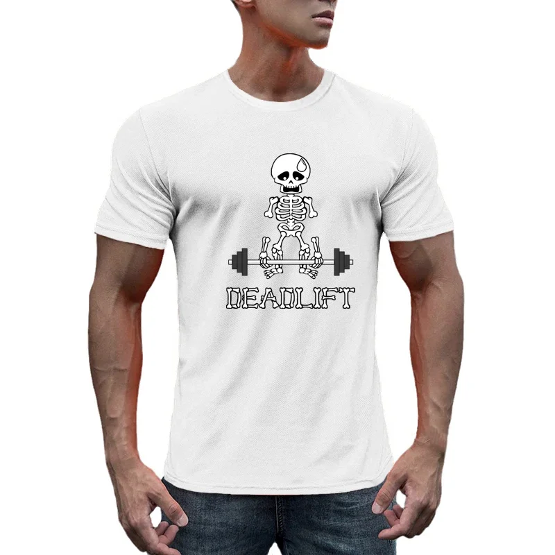 Human Skeleton Deadlift Barbell Printed Gym Bodybuilding Shirts Summer Mesh Quick Dry Mens Fitness Short Sleeves Casual T-shirts