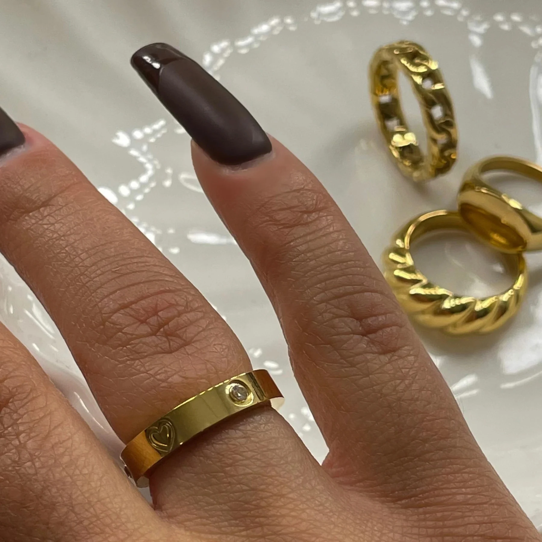 Peri'sbox Classic Elegant 18K Gold Plated Heart Rhinestone Rings for Women Non Tarnish Stainless Steel Wedding Romantic Jewelry