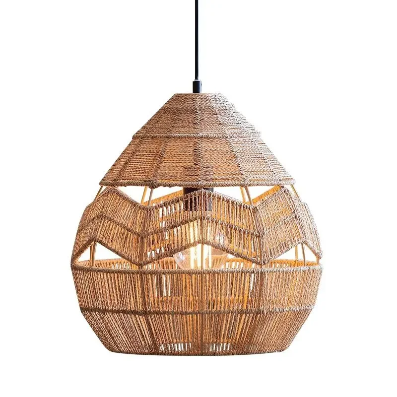 Retro Medieval rattan bamboo chandelier Hand-woven restaurant Garden home decor art Wabi-Sabi pendant light decoration maison