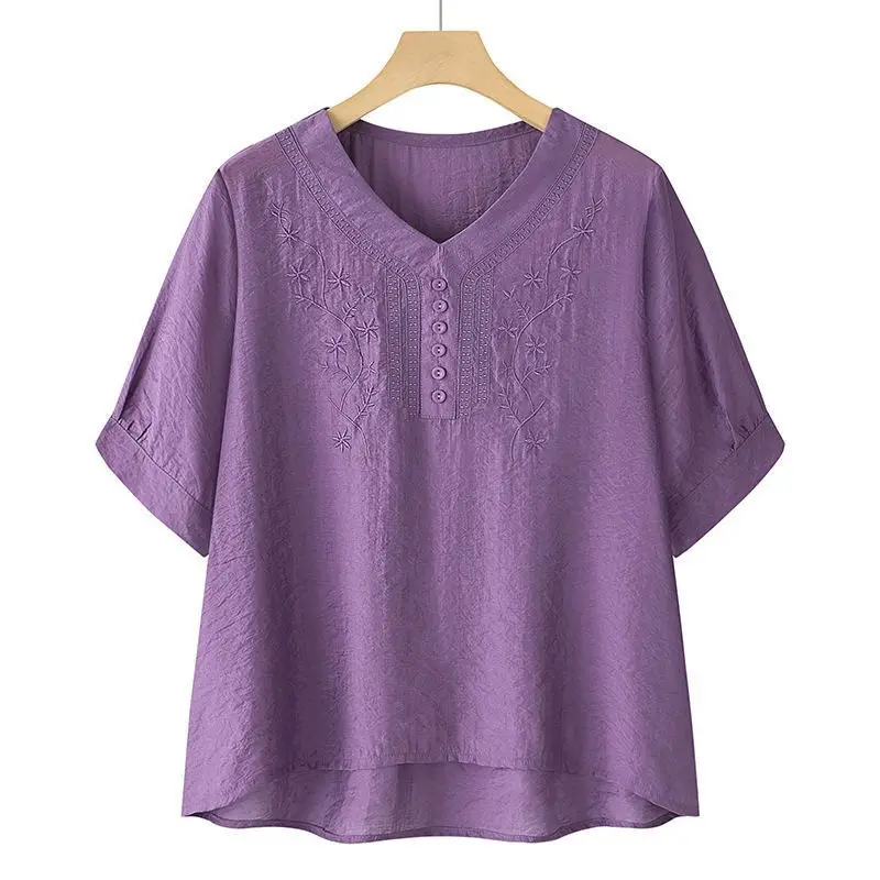 Elegant Women Blouse With Embroidered V Neck Loose Fit Half Sleeve Casual Summer Top