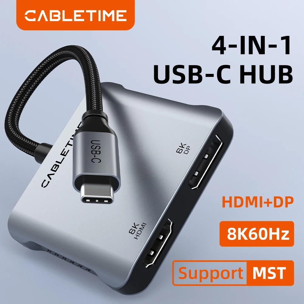 

CABLETIME USB C to HDMI DP Adapter MST 4K 8K Monitor Converter Triple Display Compatible with M1/M2/M3 Windows Mac Laptop