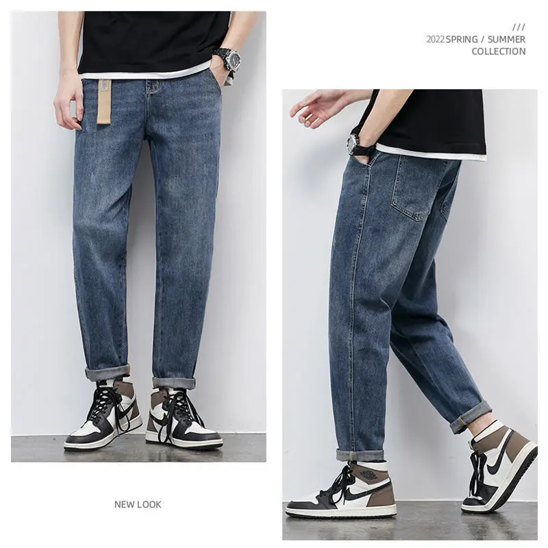 Jeans Tipis Musim Panas Jeans Crop Elastis Kasual Longgar Lurus Jeans Korea Slim-Fit Celana Pria Celana Panjang Hitam Biru Muda Pria