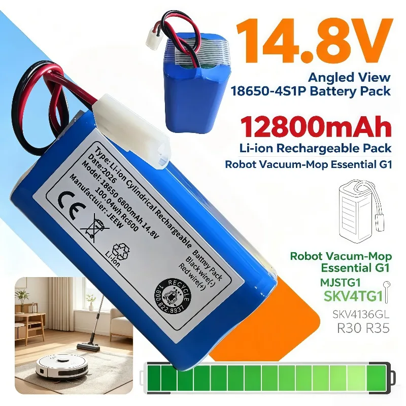 Premium 14.8V 12800mAh Battery 18650‑4S1P Fit MIJIA Robot Vacuum-Mop Essential G1