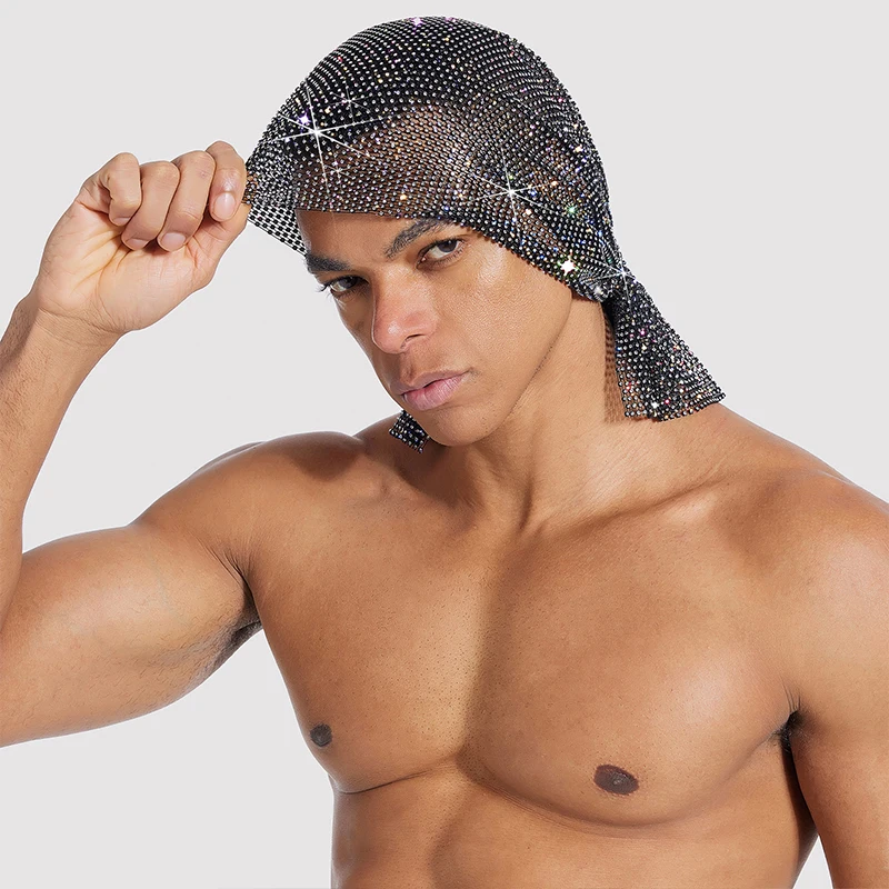 Glitter Fishing Net Headscarf Bling Rhinestone Elastic Mesh Bandana Men Party Nightclubs Fashion Headpiece Accessories Unisex