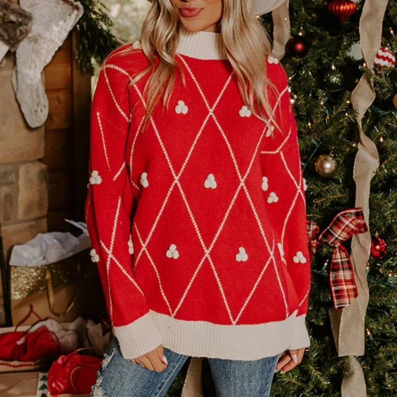 

Женский рождественский свитер с длинным рукавом, водолазка контрастного цвета, пуловер, зимний свитер
