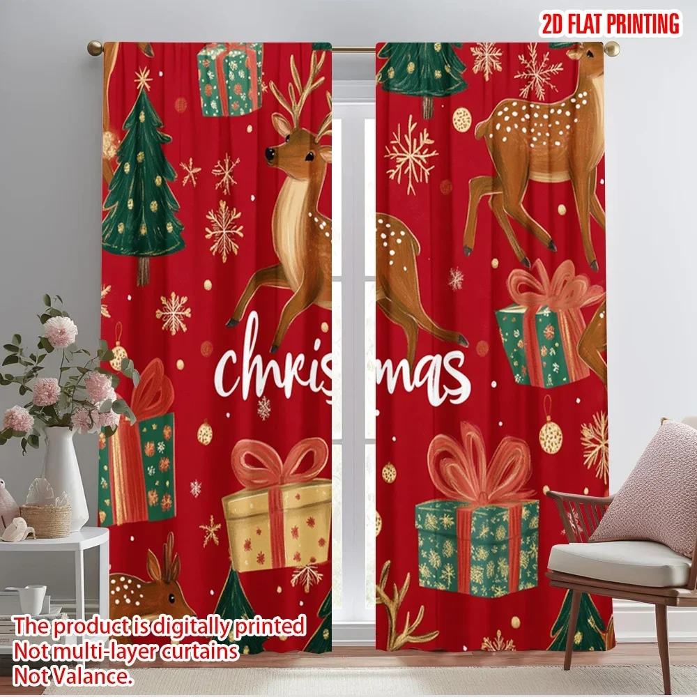 2pcs,2D plane printing Popular Curtain Panels Deer Christmas Trees Snowflakes Gifts (2) 100% Polyester (without rod) Festive for