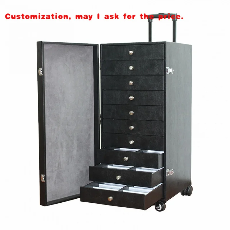 custom.Luxury Custom Can Move 10 Trays Suitcase Eyewear Showcase PU Covered Black Eyeglasses Display Cabinet