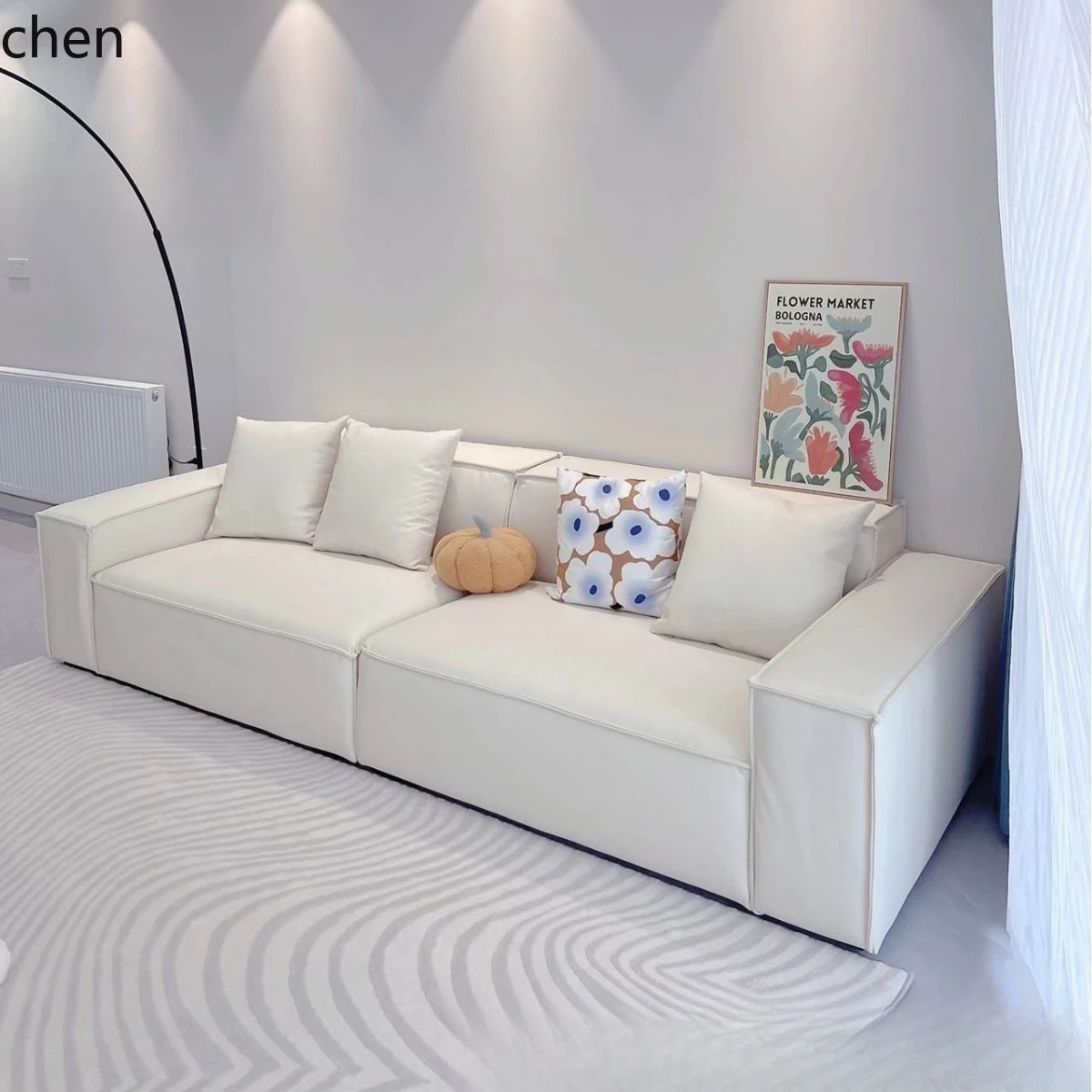 Jingji Feng Tofu Block Genuine Leather Top Layer Cowhide Four-Seater Straight-Line Minimalist Sofa