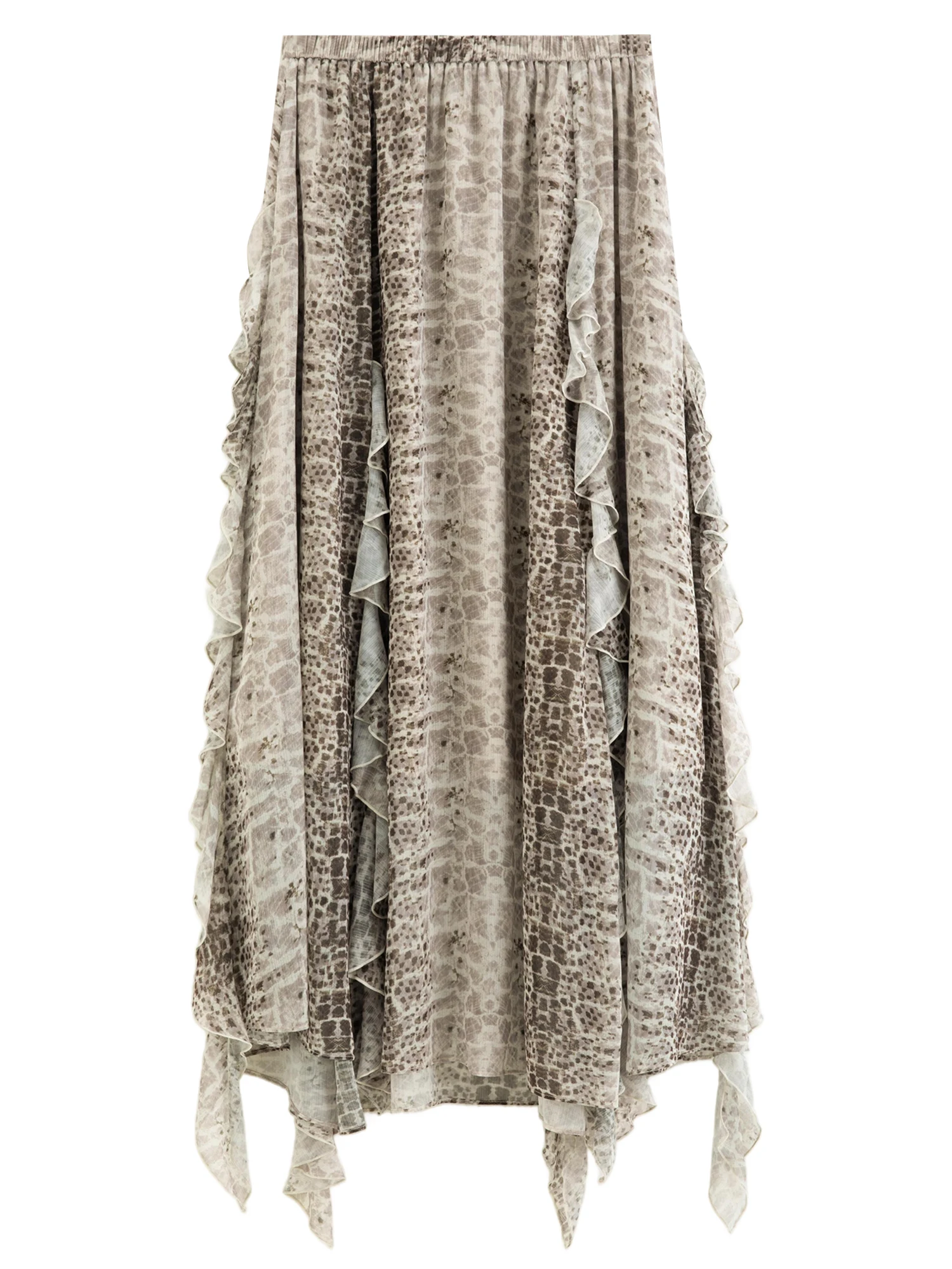 DUSHU Women's 2026 Summer New Dystopia Style Leopard Print Midi Skirt Multi-Layer Ruffled Hem Skirt Multiple Sizes Available