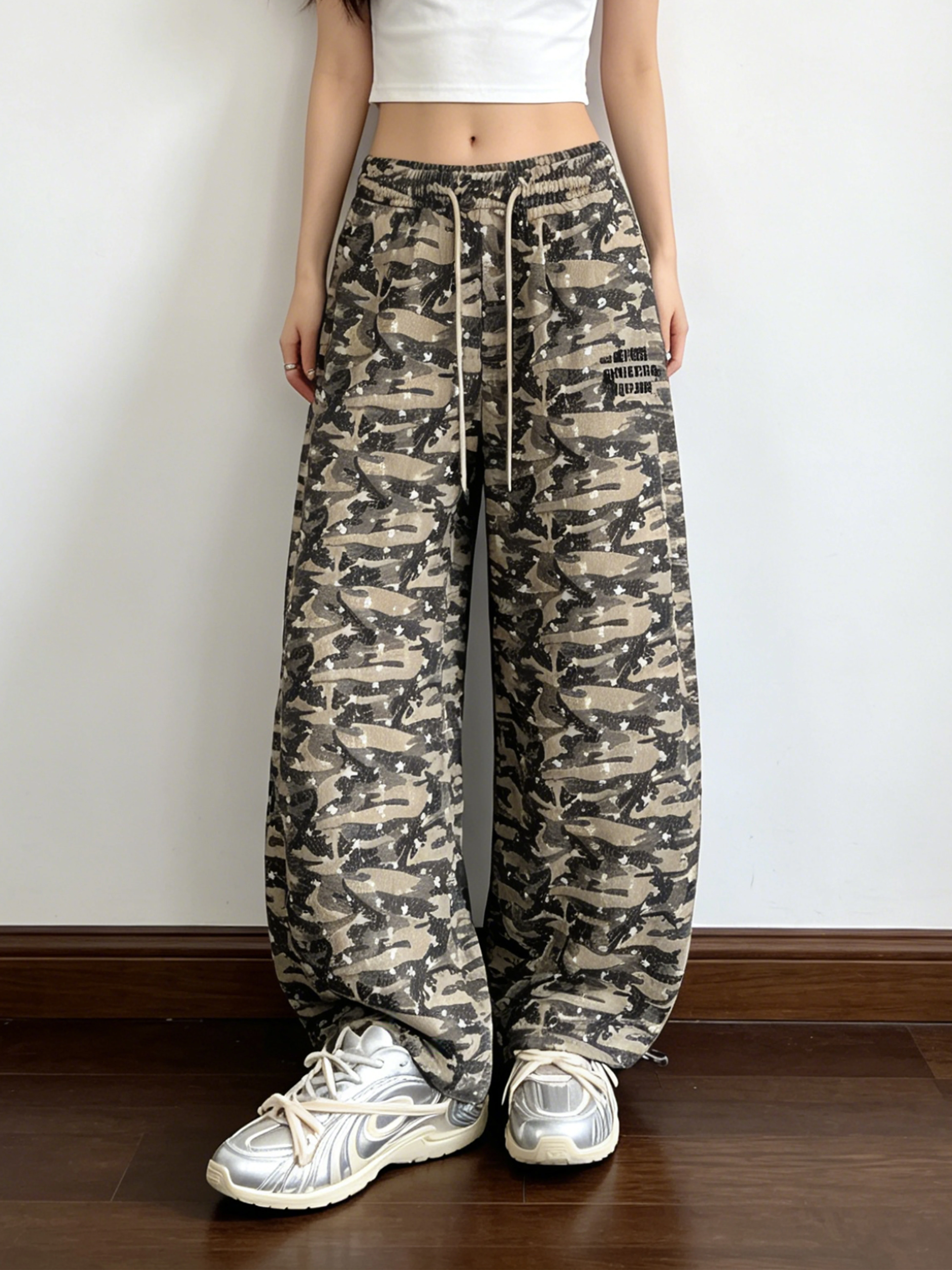 American Subculture Camouflage Loose Leggings Women's Wide Leg Slim Letter Print Cuffed Pants Casual Trousers