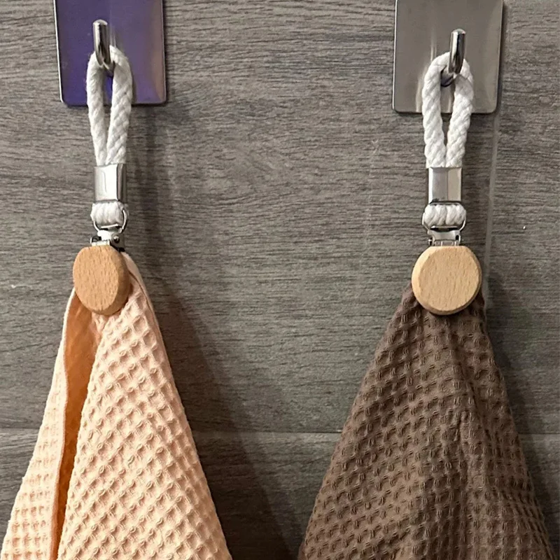 2pcs Multi functional non perforated kitchen towel clip, woven rope, beech wood round head storage, bathroom clip