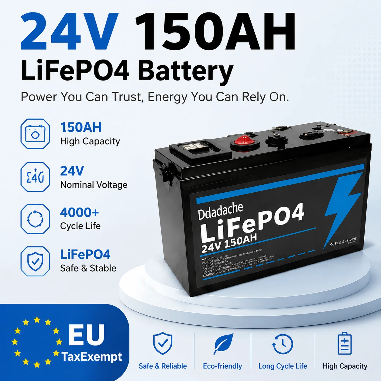 24V 150Ah Lithium-Eisenphosphat-Batterie mit 4000+ Zyklen, integriertem BMS für Wohnmobile, Solarmodule und Marineanwendungen