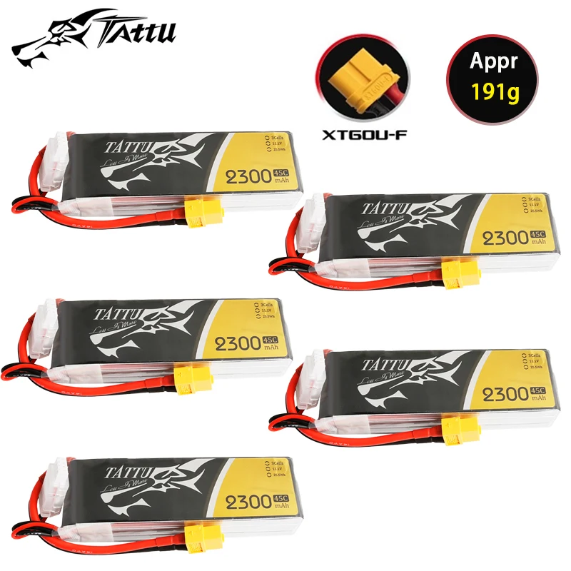 

5PCS TATTU 11.1V 3S 2300mAh 45C LiPo Battery For RC Helicopter Quadcopter FPV Racing Drone Parts With XT60 Plug