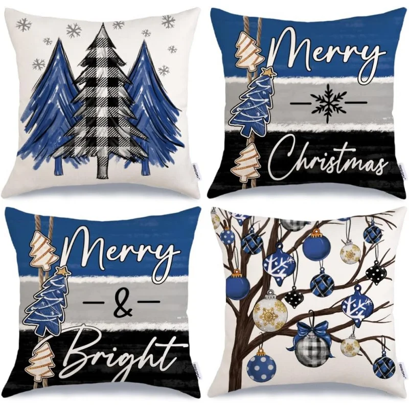 Merry Christmas Pillow Set with 4 Bright Bars, Winter Vacation Farmhouse Home Decoration Pillow Box