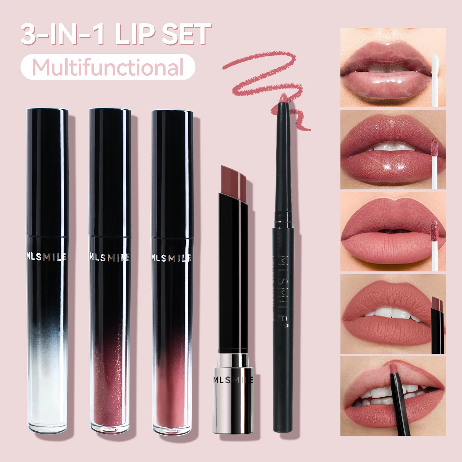 MLSMILE Lip Makeup Set วันหยุดของขวัญกล่อง 5 ชิ้น/เซ็ตลิปกลอสกันน้ํา Moisturizing Long-Lasting Liquid ลิปสติก Lip Liner