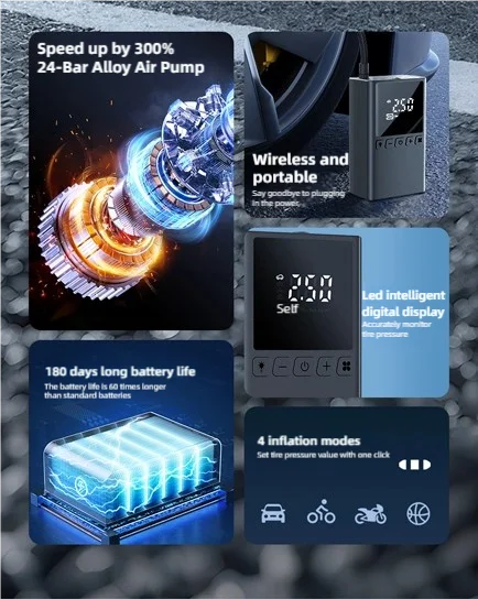 TINSOL Tragbare Elektrische Fahrradluftpumpe 150PSI Kabelloser Reifenfüller Geeignet für Fahrräder, Bälle, Motorräder und Autos – Detail 2