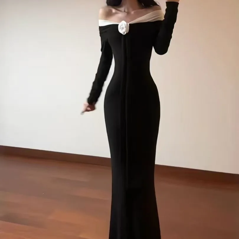 Black White Contrast Color One Shoulder 3D Flower Women's Dress Hepburn Style Slimming Date Evening Gown Long Skirt