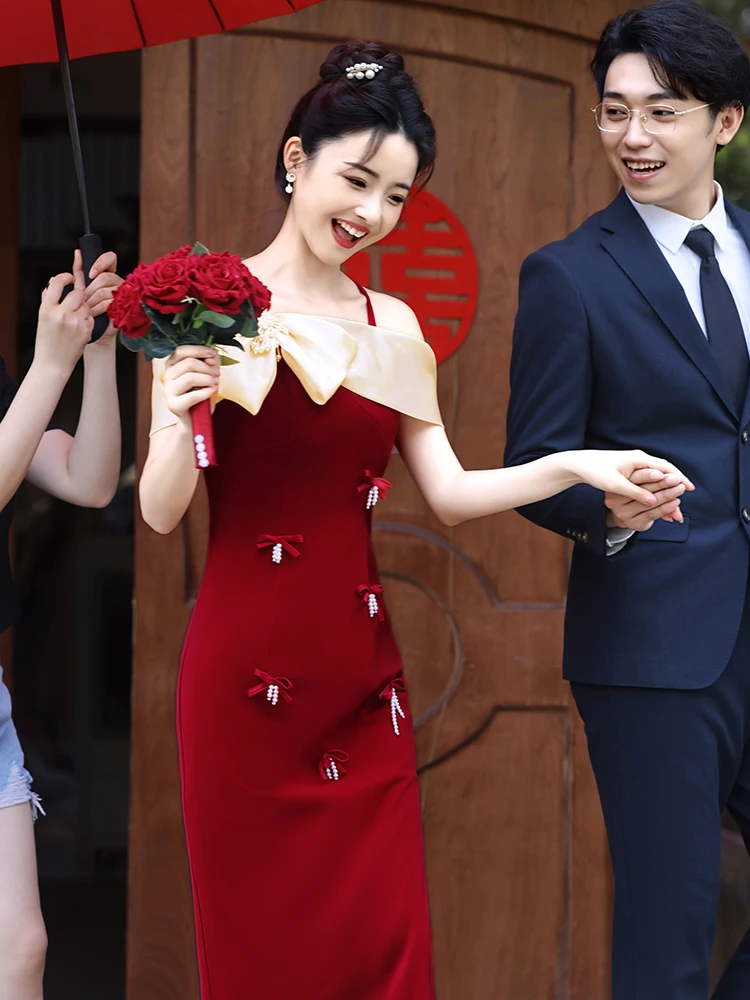 

Red Cotail Dr Korean Sle ort Sve Zipper Bal Wedding Dr Suitable for Banquet Daily Wear And Par