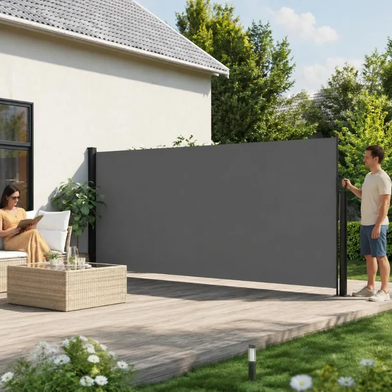 Einziehbarer Seitenmarkise 180 x 500 cm aus PU-beschichtetem Polyester, Sichtschutz für den Garten, aufrollbares System, Wandmontage, Außenbereich, Balkon, Terrasse, Schutz vor Wind, Sonne, Wasser,