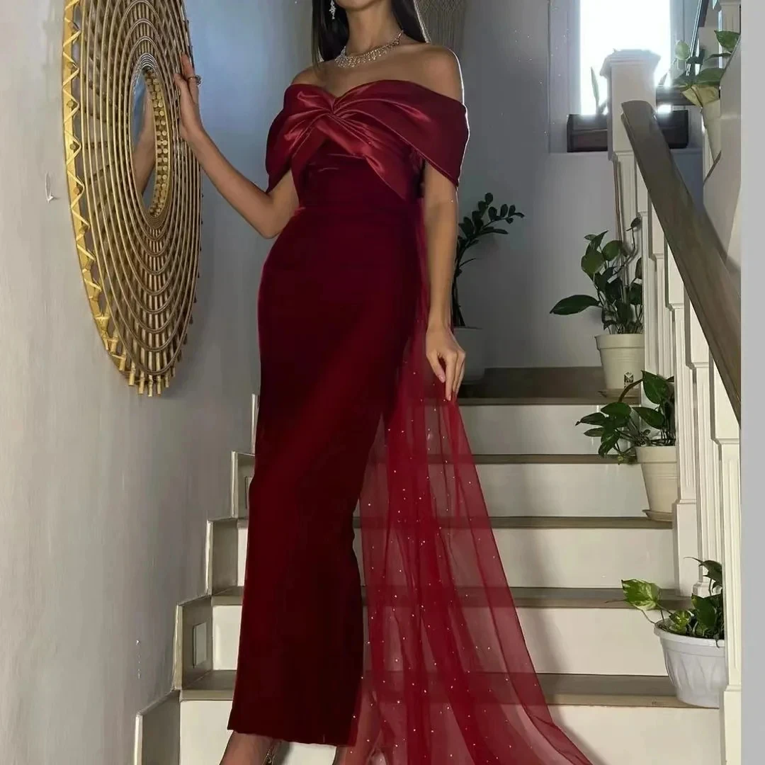 

Burgundy Elegant Evening Dresses Ruched Off the Shoulder Party Gown Long Sexy Mermaid Dubai Saudi Arabia with Cape Custom 2024