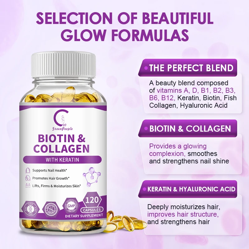 Biotin and Collagen Supplement Capsule with Complex Vitamin B1, B2, B6, B12 ,phosphorus Helps Enhance Healthy Hair, Skin, Nails