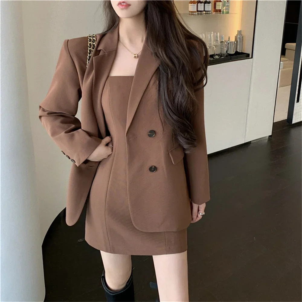 2024 New Women's High-quality Two-piece Fashion Slim Brown Suit Jacket Casual Elegant Overalls Autumn Suspender Mini Dress