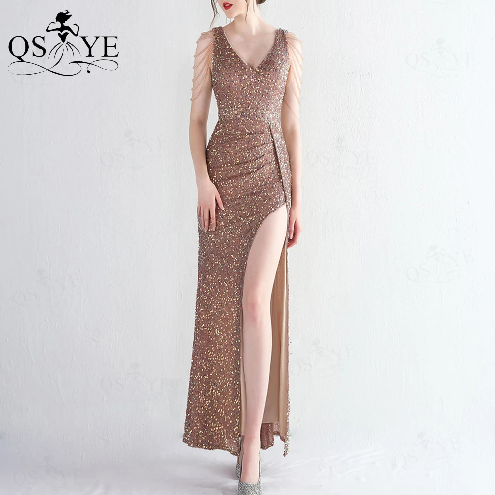 Robe de soirée Sexy pour femmes, tenue de bal, fendue, paillettes, bretelles, manches, perles, dos nu, col en V, robe élégante