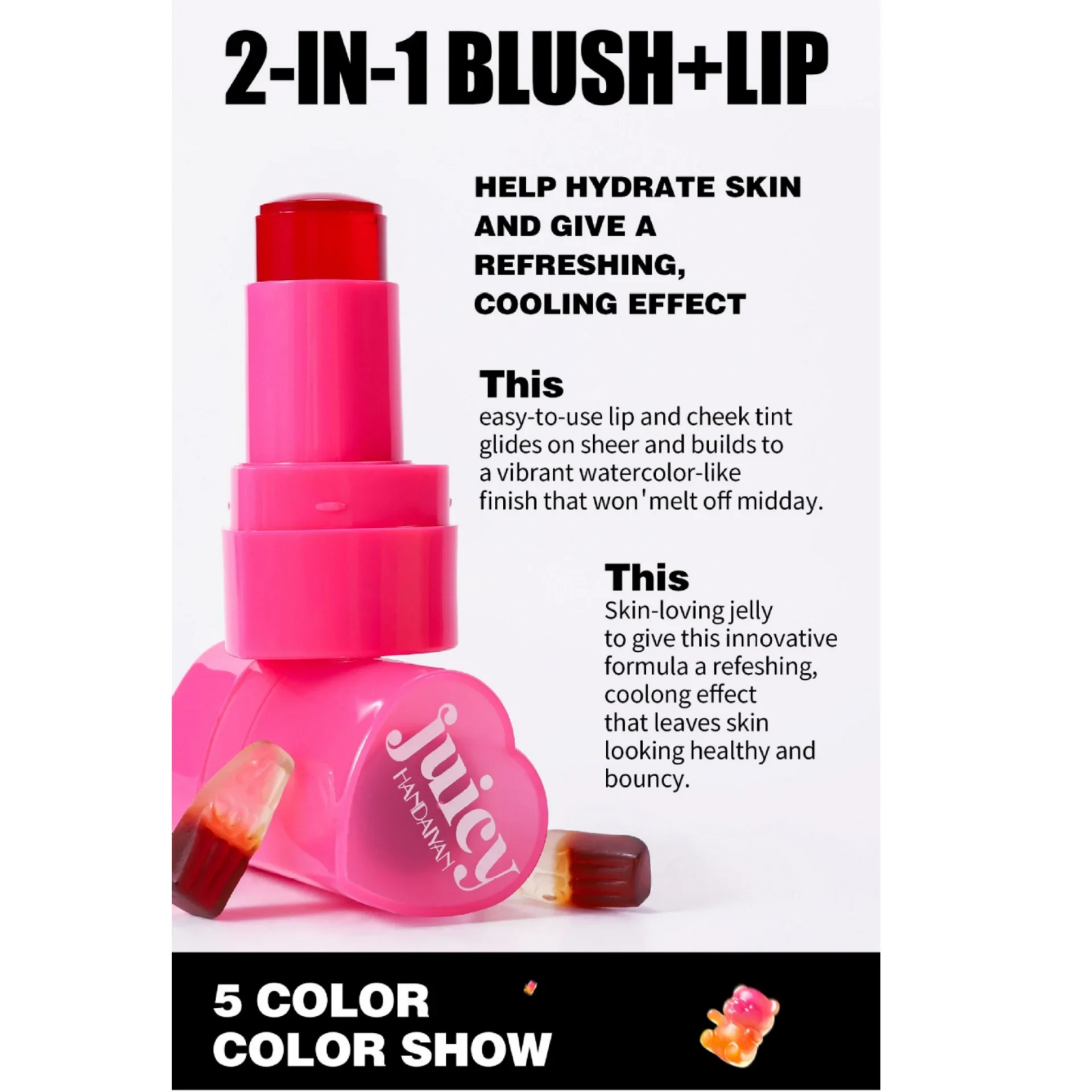 HANDAIYAN 쥬시 젤리 블러쉬 립 치크 틴트 오래 지속되는 모이스춰 라이징 하이드레이트 스킨 크리미 컬러 젤리 틴트