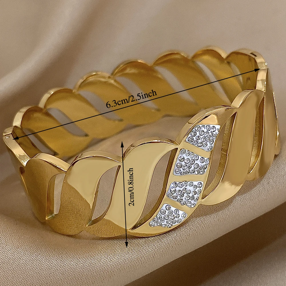 Klobige eingelegte Strass geometrische Welle breite Manschette Armreif für Frauen Mode Edelstahl Gold Silber Farbe Armbänder