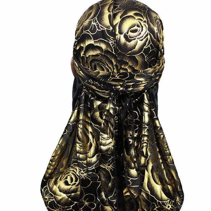 Custom Men's Print Silky Durags Turban Hat Bandanas Headwear Rose Printed Men Silk Durag Long Straps Waves Hair Accessories