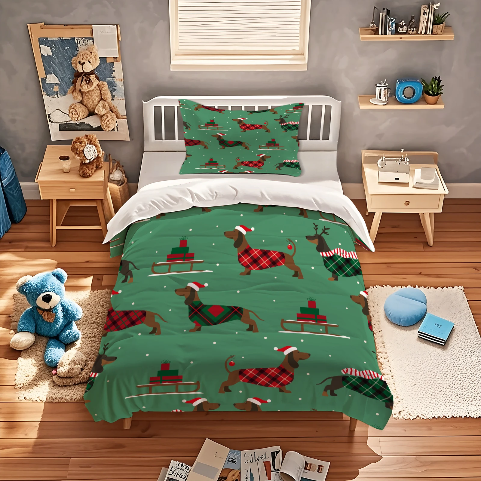 2/3Pcs Christmas Plaid Dachshund Duvet Cover Set with 1/2 Pillow Shams, Soft Breathable Holiday Bedding Set, No Duvet Insert