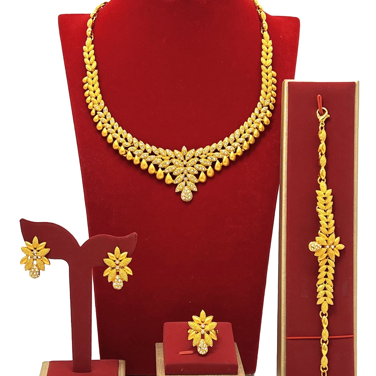 

ESALE African Bridal Wedding Party Gifts Italian 24K Gold Plated Jewelry Set for Women Necklace Drop Earrings Bracelet Ring