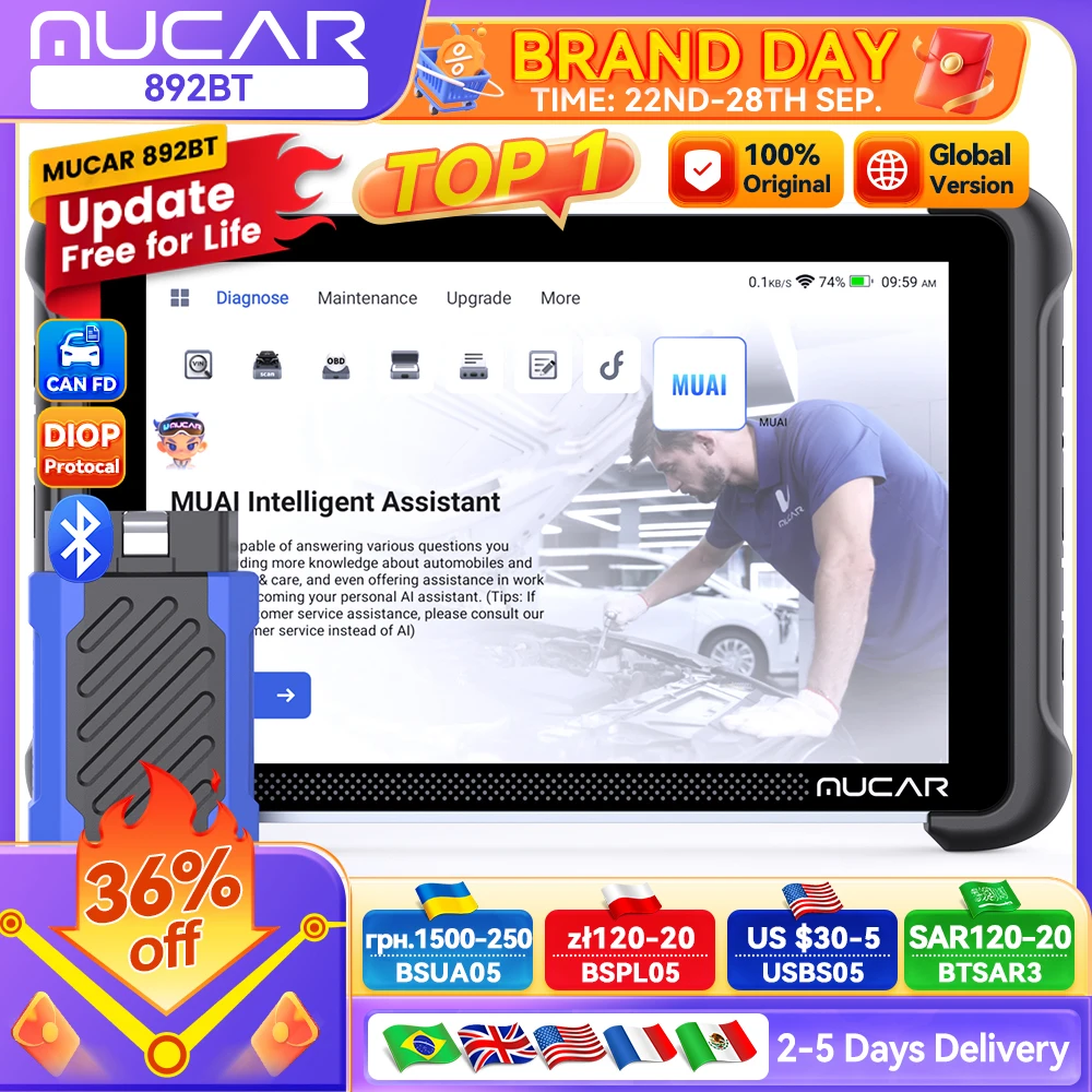 Versão global mucar 892bt obd2 ferramenta de diagnóstico obd2 scanner todos os sistemas podem fd/doip 35 redefinições ecu codificação atualização gratuita vitalícia