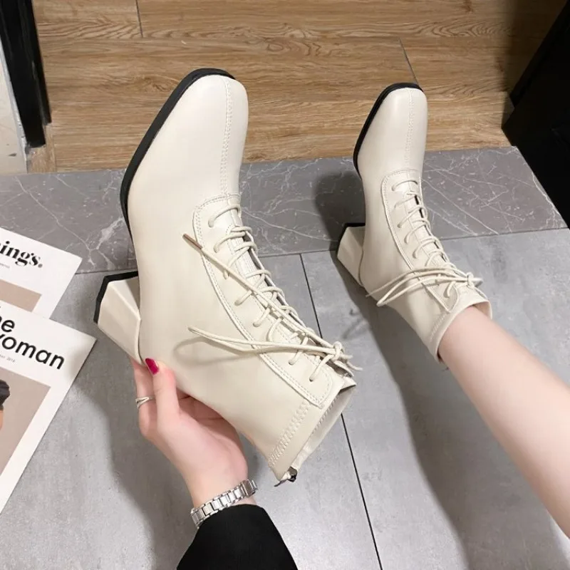 Women High-heeled Boots 2024 Fall Square Head Lace-up Chunky Shoes Heels Retro Minimalist Fashion Boots Comfortable Chelsea Boot