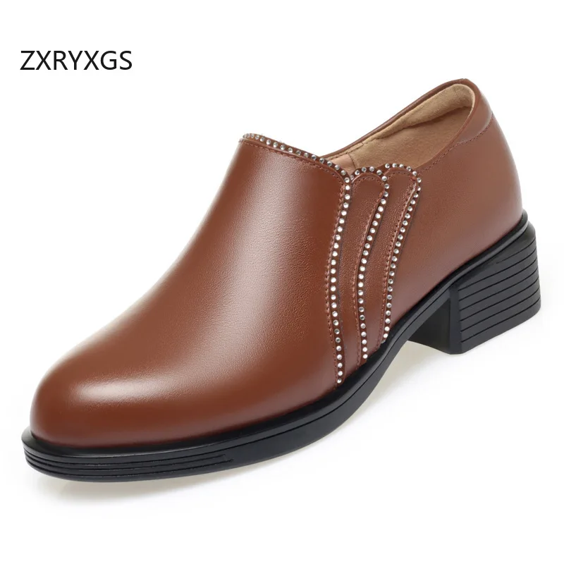 ZXRYXGS Elegant Comfortable Women's Genuine Leather Shoes Thick Mid Heels 2024 New Autumn Large Size Driving Travel Trend Shoes