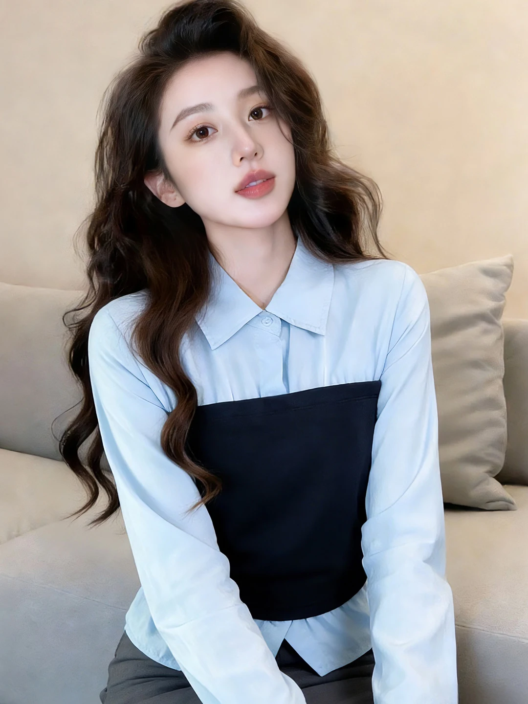 

Корейская женская футболка с длинным рукавом для ранней весны и осени, повседневная, с завышенной талией, в стиле колор-блок, универсальный топ