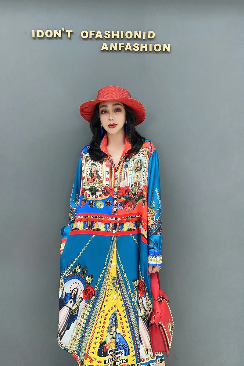 2024 Autumn New Elegant Printed POLO Collar Loose Shirts Long Dress Women Fashion Long Sleeve Dress Wholesale J563