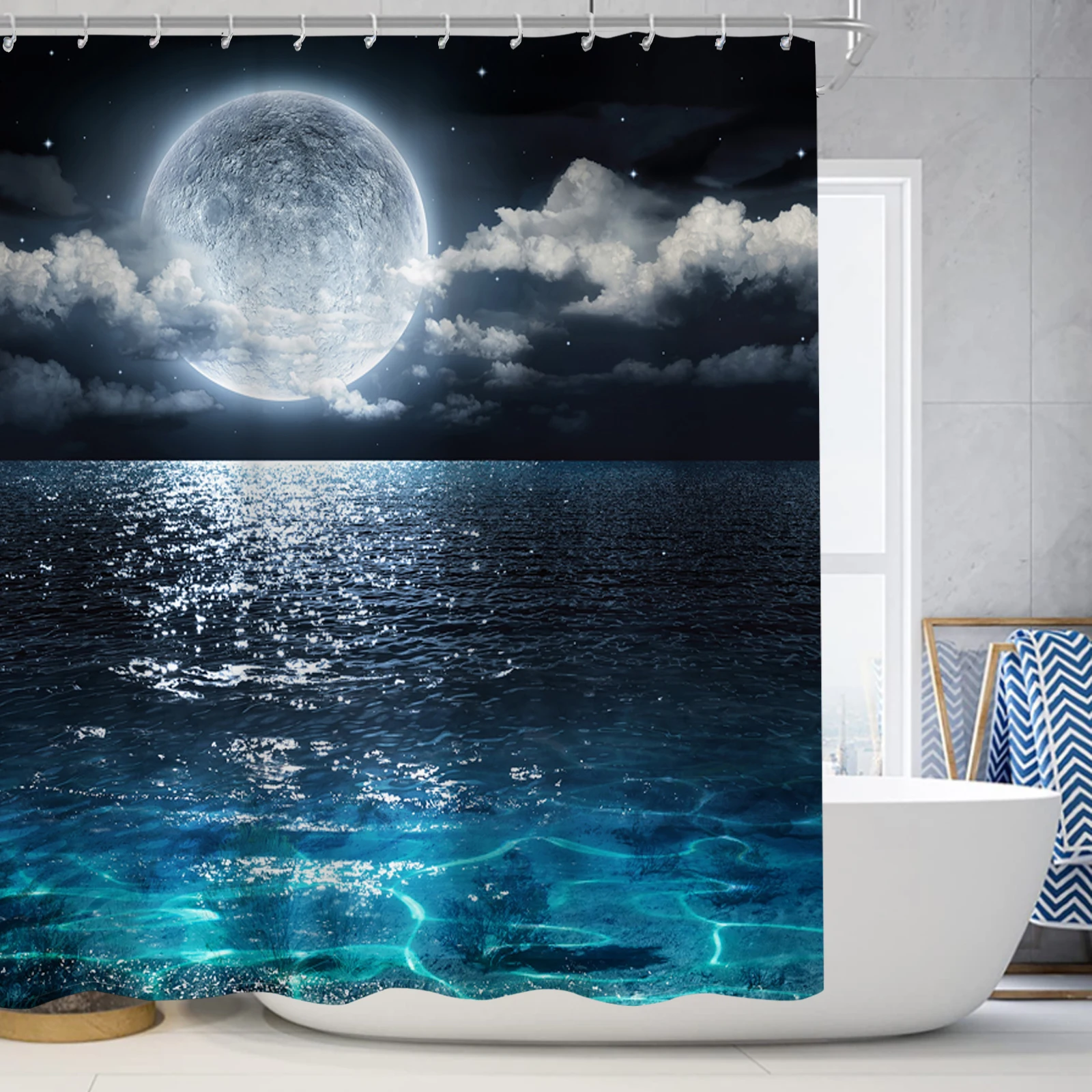 Sea Moon Print Shower Curtain Waterproof Design Shower Curtain Polyester Home Decoration Bathroom Curtain With Hook