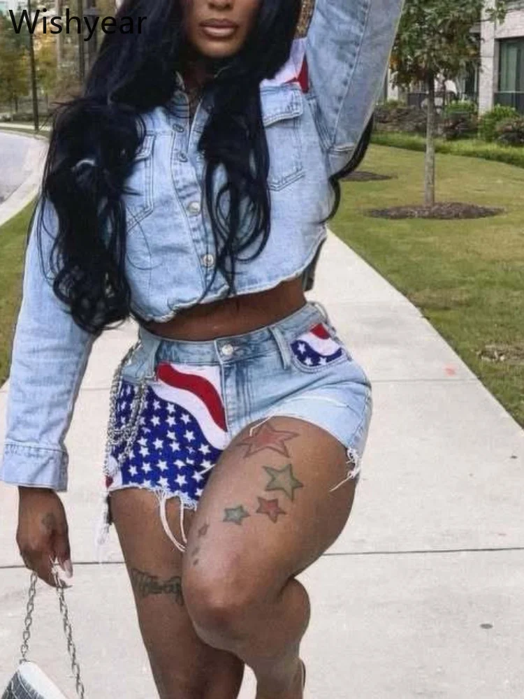 Women American Flag Print Long Sleeve Denim Jacket Ripped Star Striped Shorts Casual Street Party Summer Two Piece Denim Outfit