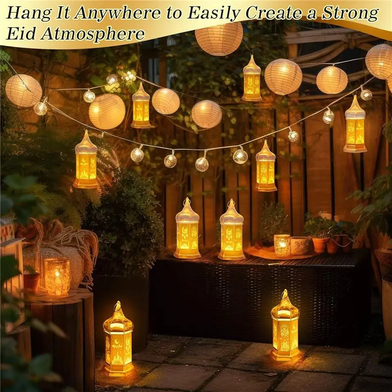 6 Pcs Ramadan Candle Lantern Lights, 6.1 Inch Gold Mini Lantern Lights , Mubarak Hanging Lanterns Decorative Lights Durable New