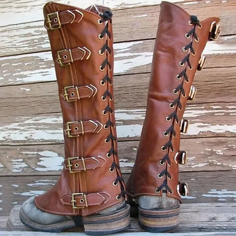 

Medieval Viking Knight Leather Leg Armor Greaves Steampunk Boots Shoes Cover LARP Warrior Gaiter Cosplay Costume For Men Women