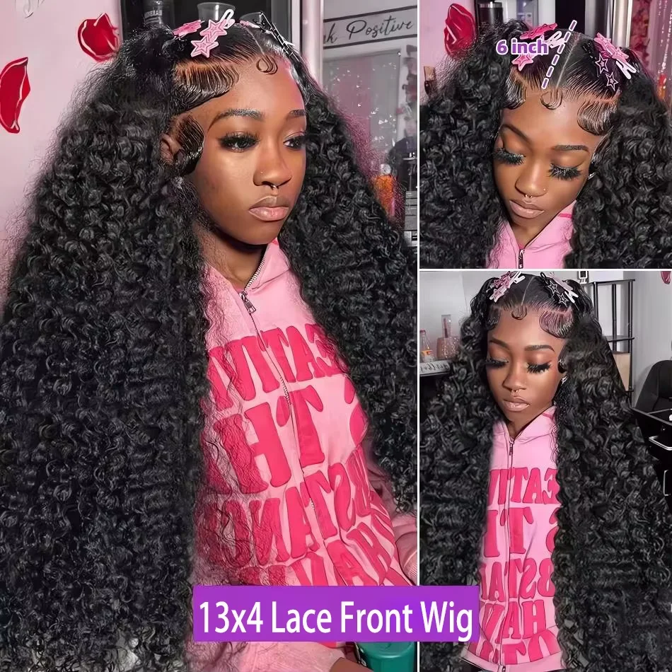13X6 Hd Lace Frontal Wig Curly Deep Wave Human Hair Wigs 40 Inch Lace Front Wigs Brazilian Natural Black 230 Density Pre Plucked