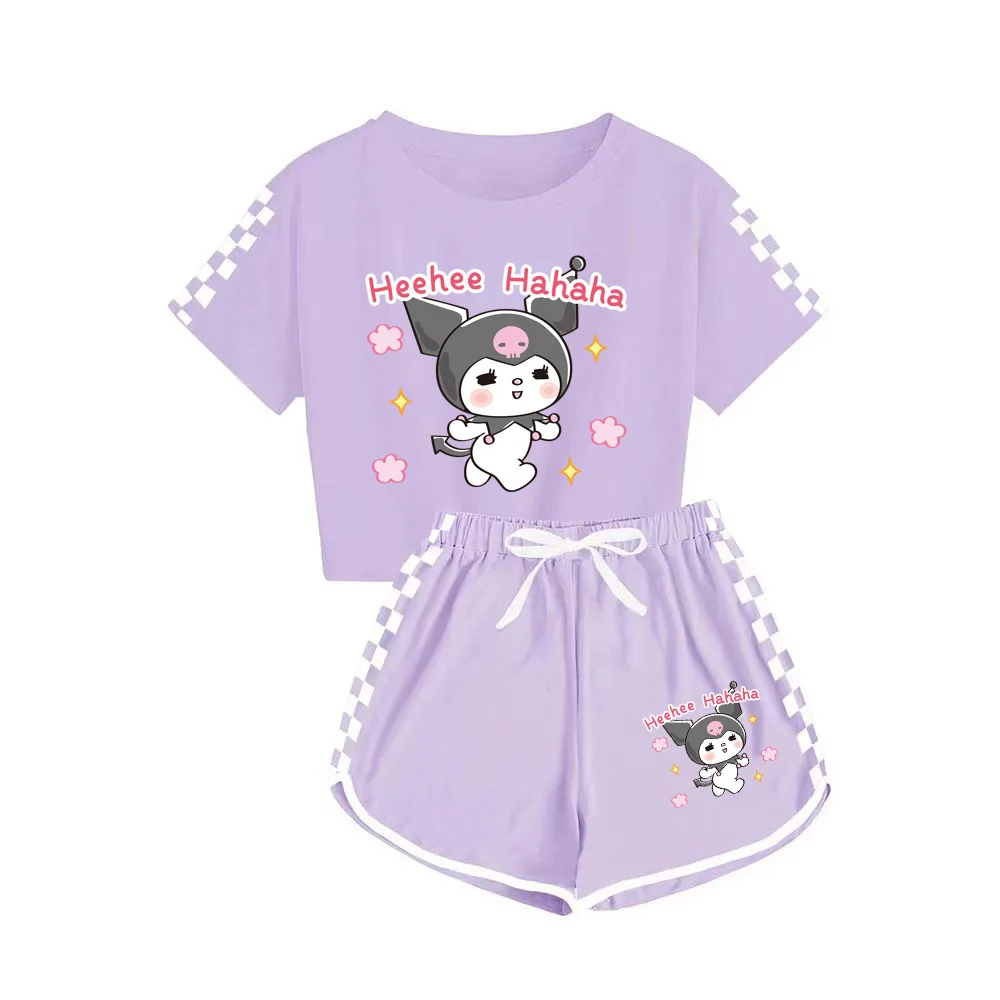 Sanrio Girls Cartoon T-Shirts and Shorts Set Cinnamoroll Kuromi Soft Pajamas Short Sleeve Set Summer Sport Clothes Homewear Gift