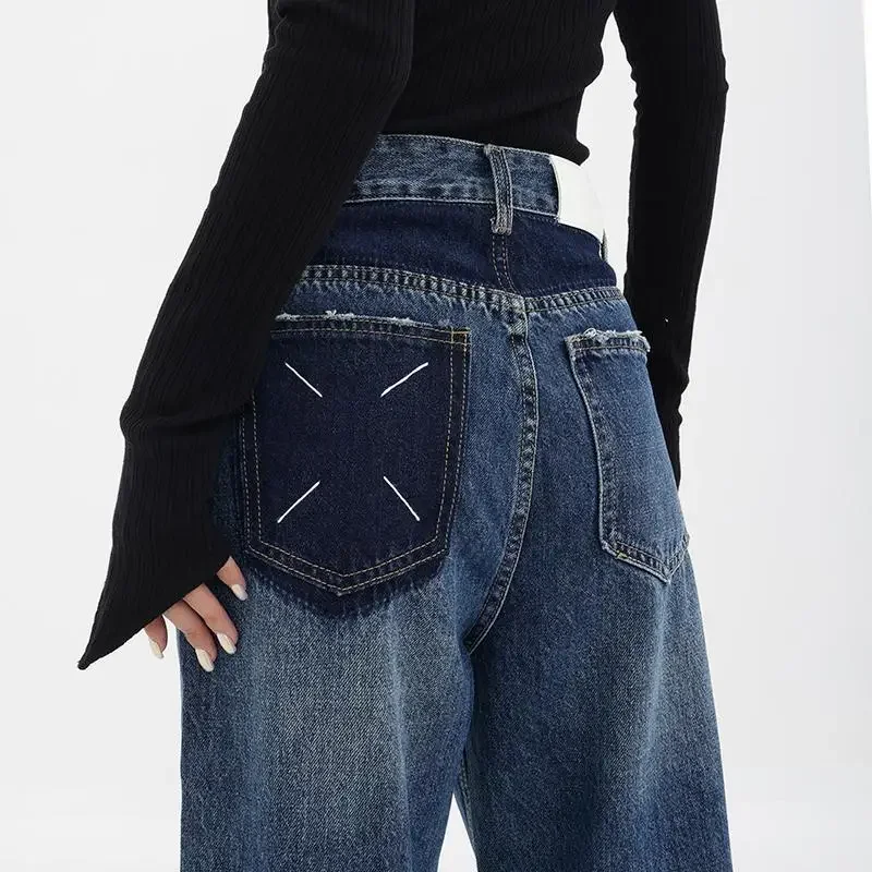 Retro Black Straight Leg Jeans Embroidered High Waist Baggy Basic Casual Wide Leg Zipper Pants Women New Fashion Lengthen Jeans