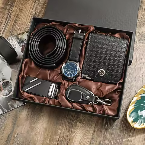 5PCS-Luxury Men's Fashion Watch &amp; Belt Set with Keychain, Fashion Glasses, and Wallet - Perfect Father's Day Gift Box