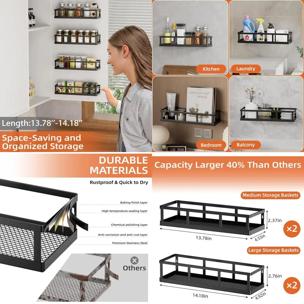 

4-Piece Wall-Mounted Pantry Organizer with Hanging Baskets: Large Capacity Metal Spice Rack for Kitchen, Bathroom, and Home Deco