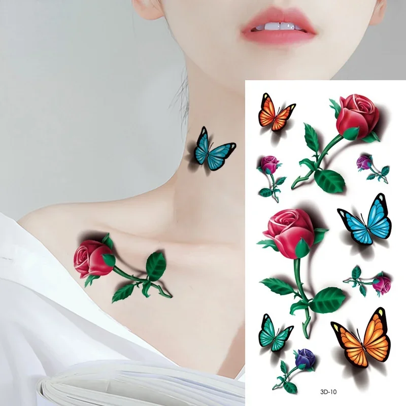 Temporary Tattoos Sticker for Women Body Art Tattoo Sticker 3D Butterfly Rose Flower Feather Tattoo Waterproof Halloween Gift